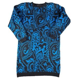 Vintage Sweater Dress Womens M Blue Black Paisley Knit 90s Shoulder Pads